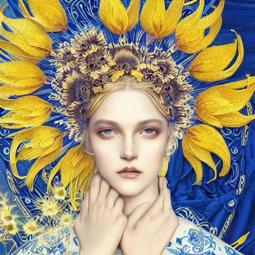 Image similar to blonde lady in white embroidered shirt, ukrainian national costume, filigree crown with blue and yellow textile embroidery sunflowers, intricate, elegant, digital painting, art nouveau, smooth, focus, rim light, charlie bowater, tom bagshaw, greg rutkowski