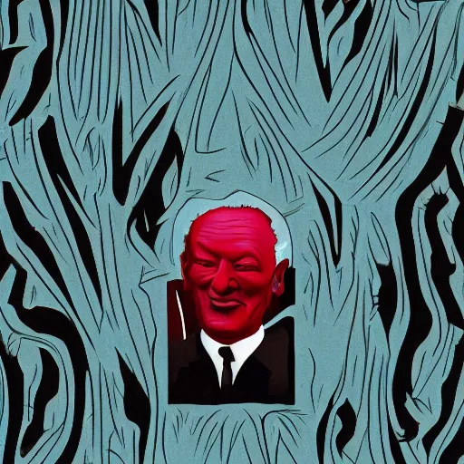 Prompt: yeltsin in hell, scary art in the style of a poster for a movie in a cinema, art in 4 k, detailed details