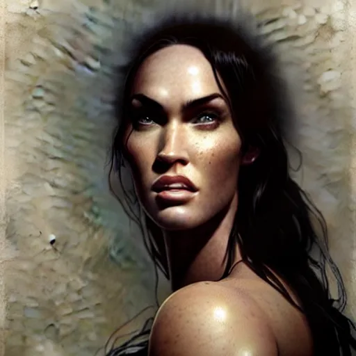 Image similar to portrait of megan fox, muscular upper body, fantasy, intricate, elegant, highly detailed, digital painting, artstation, concept art, matte, sharp focus, illustration, art by aenaluck and roberto ferri and greg rutkowski, epic fantasy, digital painting