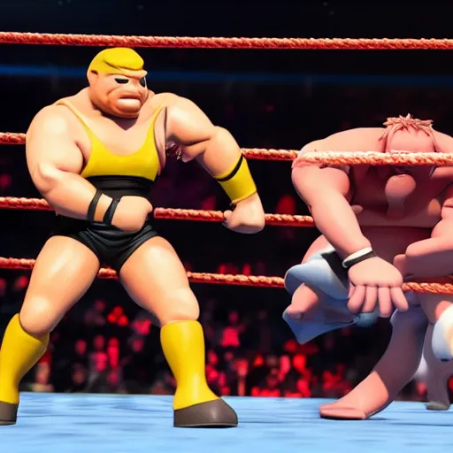 Image similar to a among us character faces off against a fall guys character in a wwe match.