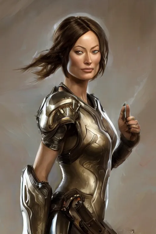 Image similar to a professional painting of a young Olivia Wilde, clothes in military armor, olive skin, long dark hair, beautiful bone structure, symmetrical facial features, intricate, elegant, digital painting, concept art, smooth, sharp focus, illustration, from StarCraft by Ruan Jia and Mandy Jurgens and Artgerm and William-Adolphe Bouguerea