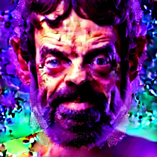 Image similar to terence McKenna posing seductively with psychedelic mushrooms, psychedelic, fractal, cinematic lighting, dramatic, octane render, full body, trending on artstation, perfect facial symmetry, bokeh, 8k, intricate, hyper detailed