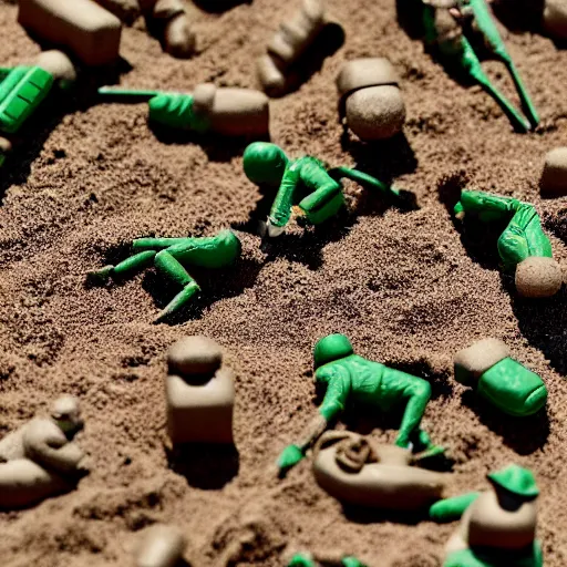 Image similar to toy army men, melting in a sandbox on a summers day