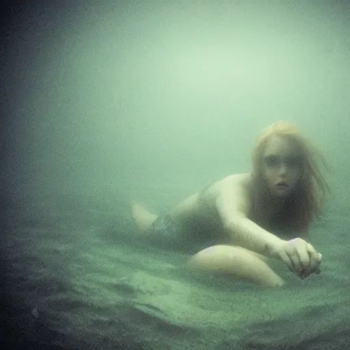 Image similar to sea monster, wide angle, pov underwater, pale skin, dark, foggy water, dramatic,'silent hill ', big eyes, terrifying, horrific, cinematic