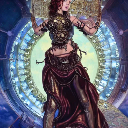 Prompt: A full body photo Lana Rhoades as a steampunk beautiful goddess, she half human and half robot, she is embellished with few gears wheels and gemstones, by William Holman Hunt, Greg Rutkowski, Stanely Artgerm, Tooth Wu, Peter Gric, Aaron Horkey, trending on Artstation, digital art, mythological, symmetrical artwork, cinematic lighting, hyper realism, high detail, octane render, ultra realistic, golden ratio, 4k, 8k