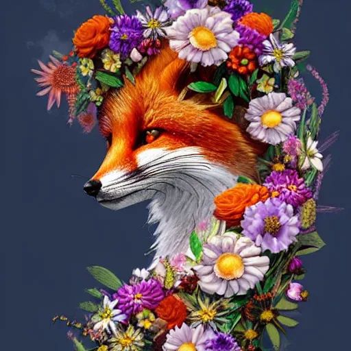 Prompt: made of flowers, made of flowers, made of flowers, fox made of flowers, made of flowers, made of flowers, fantasy art, trending on artstation, beautiful art, intricate, elegant, highly detailed, digital painting