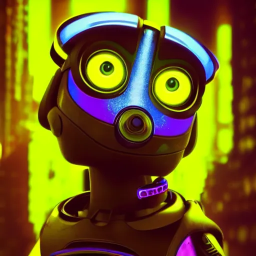 Image similar to portrait of the walle by pixar in the style of cyberpunk neon, art, colorful image, sharp focus, logo, icon, dark background, photo realistic, concept art, unreal render by michal kvac