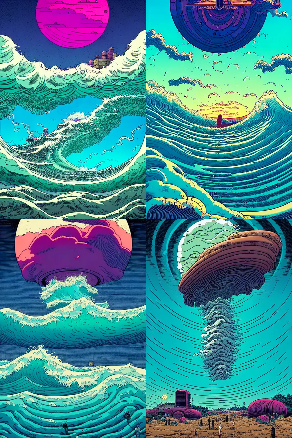 Prompt: an ocean wave swirling in the sky by simon stalenhag and geoff darrow and dan mumford, surrealism, hyper detailed, retrowave, solarpunk