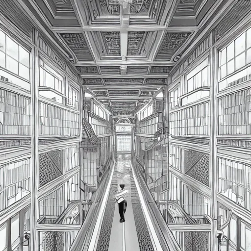 Image similar to a flood of slime in a bright white hallway with many doors and many stairs, Mc Escher architecture, epic composition, by Makoto Shinkai