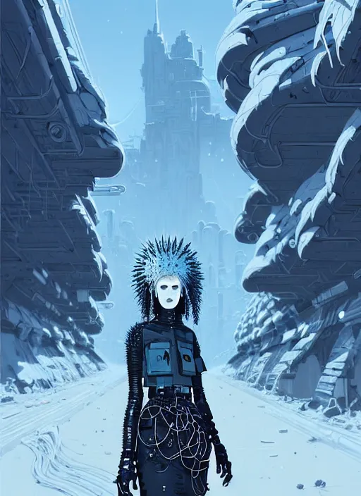 Image similar to highly detailed portrait of wasteland punk long curly white icey shard hair tribal lady, stray wiring by atey ghailan, james gilleard, by joe fenton, by greg rutkowski, by greg tocchini, by kaethe butcher, 4 k resolution, gradient blue, cyan, black and white color scheme!!! ( ( snowy glaciated robotic dystopian city background ) )