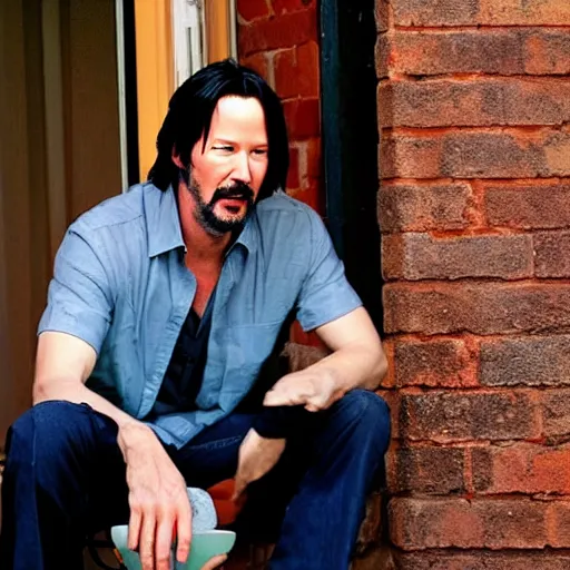 Prompt: keanu reeves is sitting on a porch and is eating something when he has a vision. cinematic film. vibrant colors