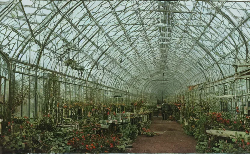 Prompt: Inside a Victorian greenhouse by stanley kubrick, shot by 35mm film color photography
