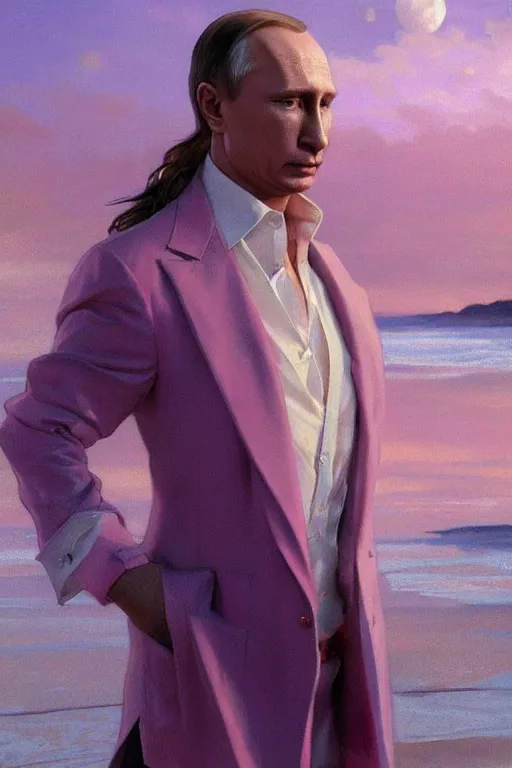 Image similar to vladimir putin luxury clothes in the beach purple sun, pink lighting ultra realistic photorealistic highly detailed high quality, a stunningly, digital painting, artstation, concept art, smooth, sharp focus, illustration, art by artgerm and greg rutkowski and alphonse mucha 8 k
