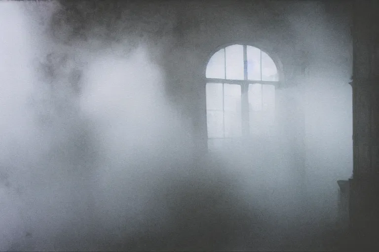 Image similar to the backrooms, film photography watercolored misty fog