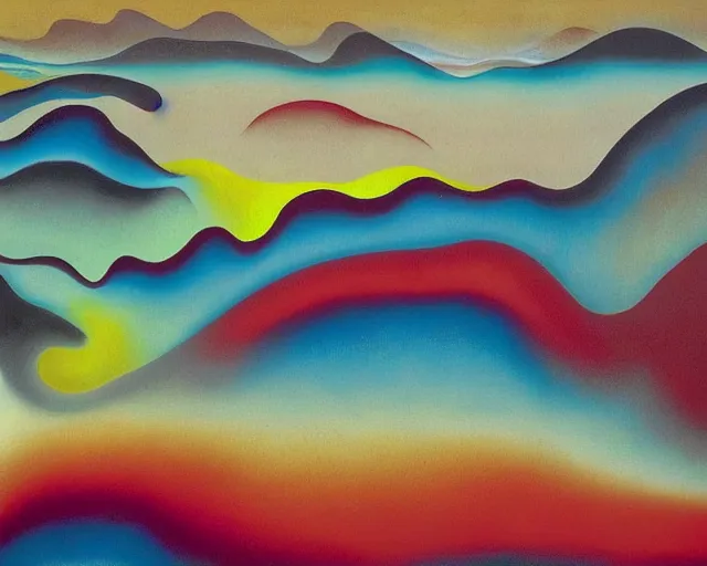 Image similar to An insane, modernist landscape painting. Wild energy patterns rippling in all directions. Curves, organic, zig-zags. Saturated color. Mountains. Clouds. Rushing water. Georgia O'Keeffe. Zao Wou-ki. Yves Tanguy.