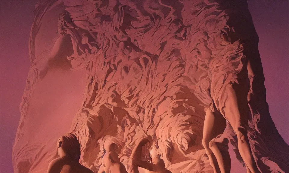 Prompt: digital painting of tiny people walking at the base of a massive greek sculpture a beautiful massive female statue surrounded by massive dreamy coral in the surface of the moon, by syd mead and jack kirby, color scheme, eric chahi, arik roper, concept art