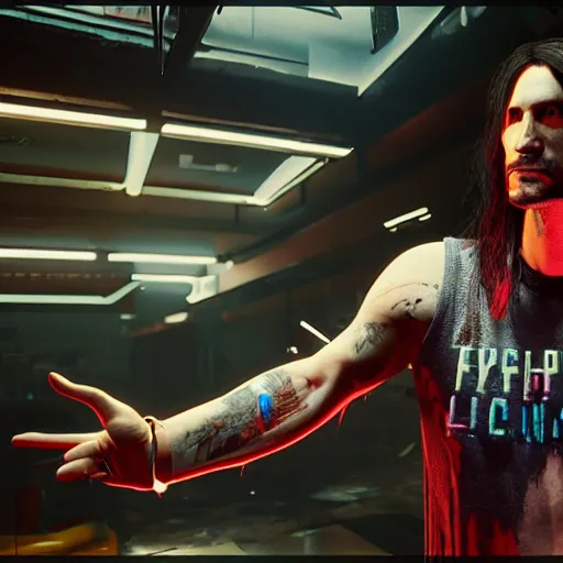 Image similar to John frusciante in Cyberpunk 2077 unreal engine 5 8k hyperdetailed photorealism