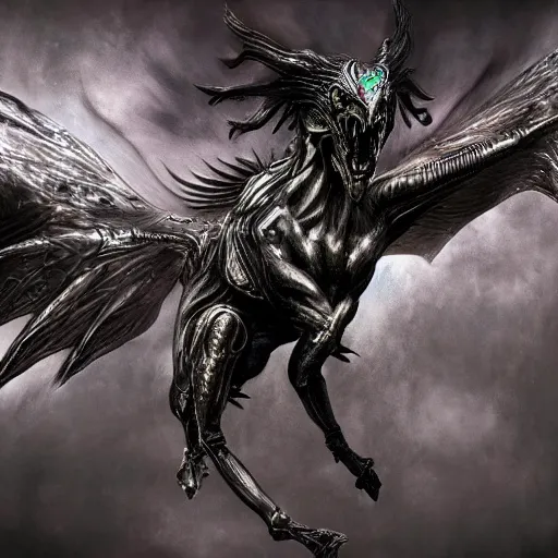 Image similar to realistic photo of an heroic pegasus with demon wings, evil eyes and venom's mouth, hr giger style, biomechanical, 4k, no artifacts