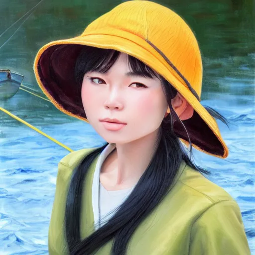 Prompt: oil painting by ilya kuvshinov, ross draws, artgerm, akira toriyama, eiichiro oda, of a youthful japanese girl, long hair, fishing and wearing fisherman's outfit, fisherman's hat, highly detailed, breathtaking face, studio photography, noon, intense bounced light, water reflection, large tree casting shadow, serine intense sunlight