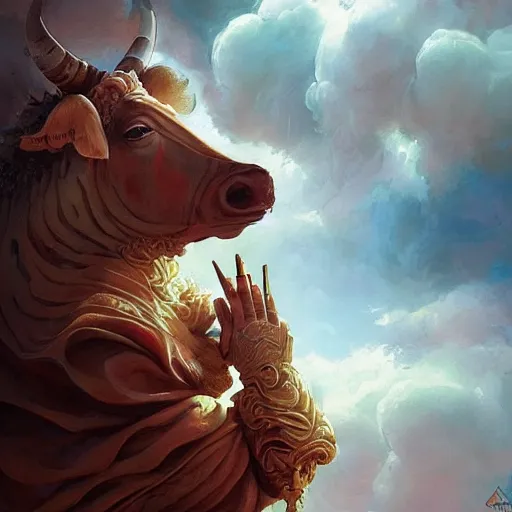 Image similar to sacred cow, acanthus scroll, ceremonial clouds, dripping paint, fibonacci rhythm, artstation, art germ, wlop, karol bak, christopher balaskas, ross tran