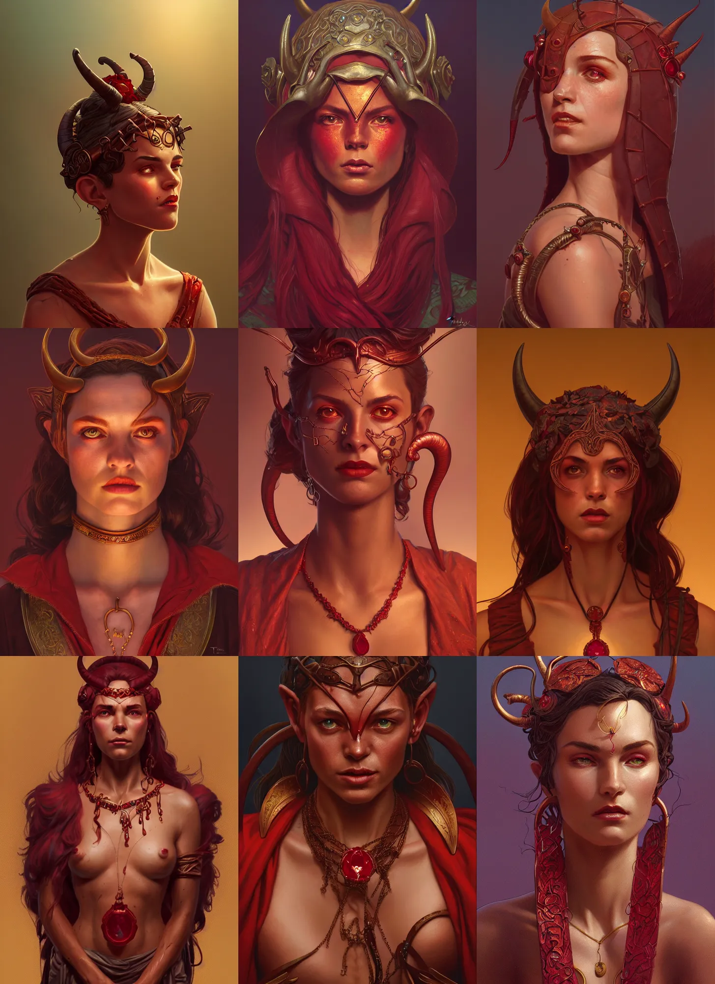 Prompt: an evocative portrait of the tiefling ruby herald, bronze skin, tone mapped, shiny, intricate, cinematic lighting, highly detailed, digital painting, artstation, concept art, smooth, sharp focus, illustration, art by terry moore, moebius, simon stalenhag and greg rutkowski and alphonse mucha