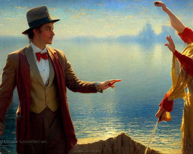 Prompt: attractive magician man, casting water magic, making waves rise from a beautiful lake. highly detailed painting by gaston bussiere, craig mullins, j. c. leyendecker 8 k