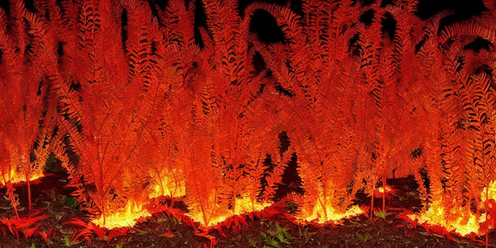 Prompt: A flaming forest , flaming leaves,Magma,flame stones are scattered, flame ferns, flame shrubs, huge flame Fantasy plant,covered in flame porcelain vine,by anthony avon