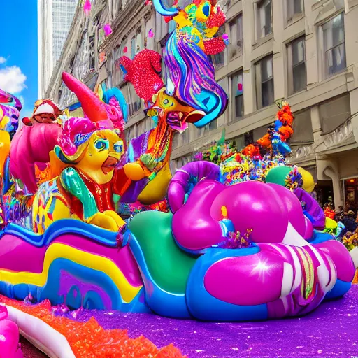 Prompt: photo of giant lisa frank inspired parade float in the macys thanksgiving parade, detailed 4 k photo