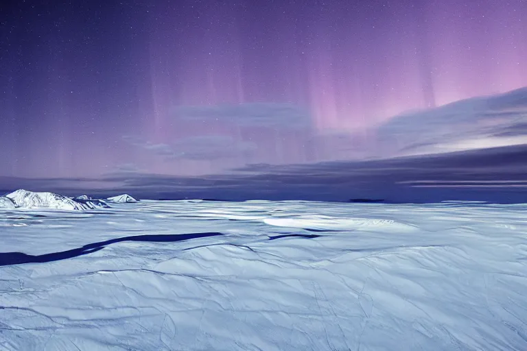 Prompt: A national geographic photo of the vast snowy arctic desert at night with the clear weather and northern lights, Trending on artstation.