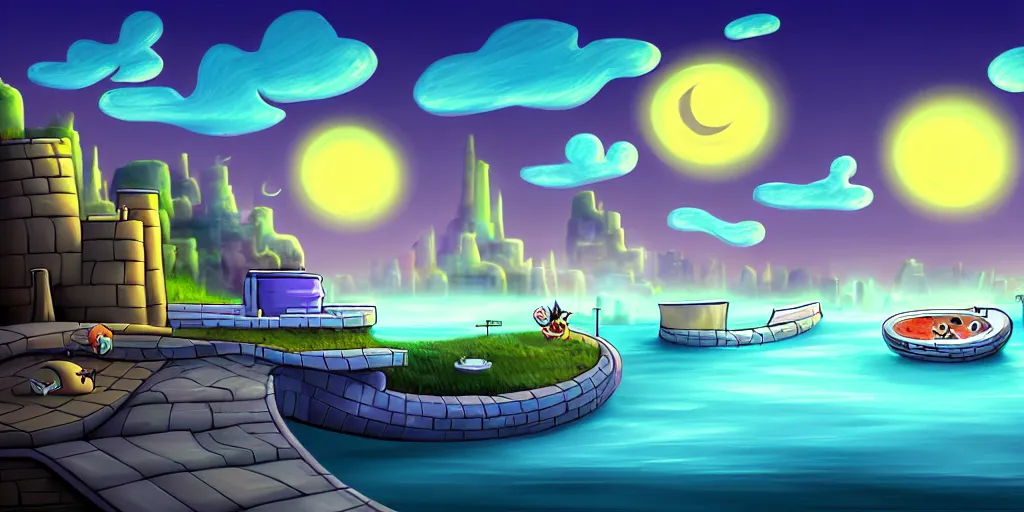 Image similar to nightscape chubby cartoon concept art, wall with drain on the edge of the river, spiral clouds, sam and max, liquid smoke, catamarans