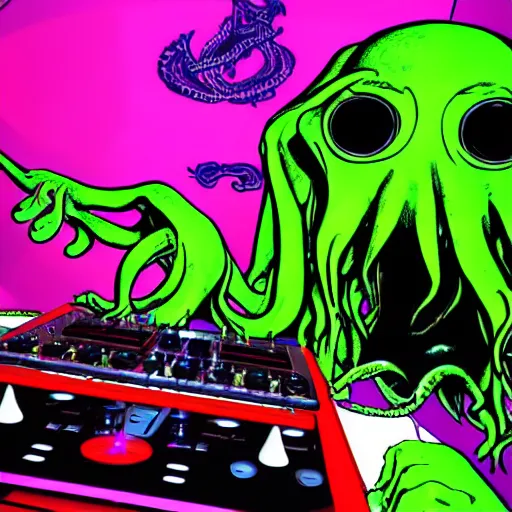 Image similar to a photorealistic image of Cthulhu DJ-ing at a rave party