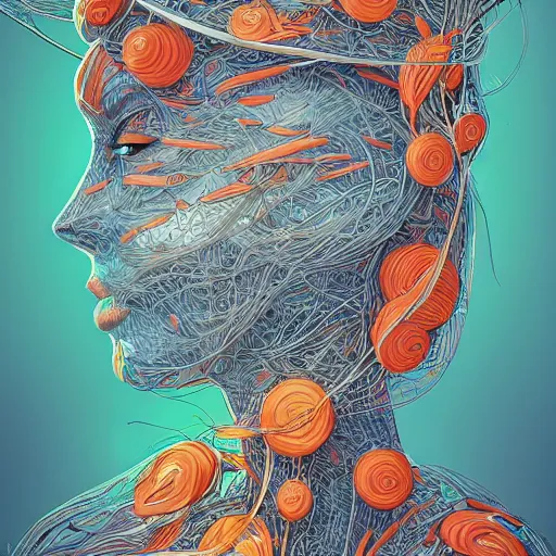 Prompt: a beautiful woman made up of carrots, an ultrafine detailed illustration by james jean, intricate linework, bright colors, final fantasy, behance contest winner, vanitas, angular, altermodern, unreal engine 5 highly rendered, global illumination, radiant light, detailed and intricate environment