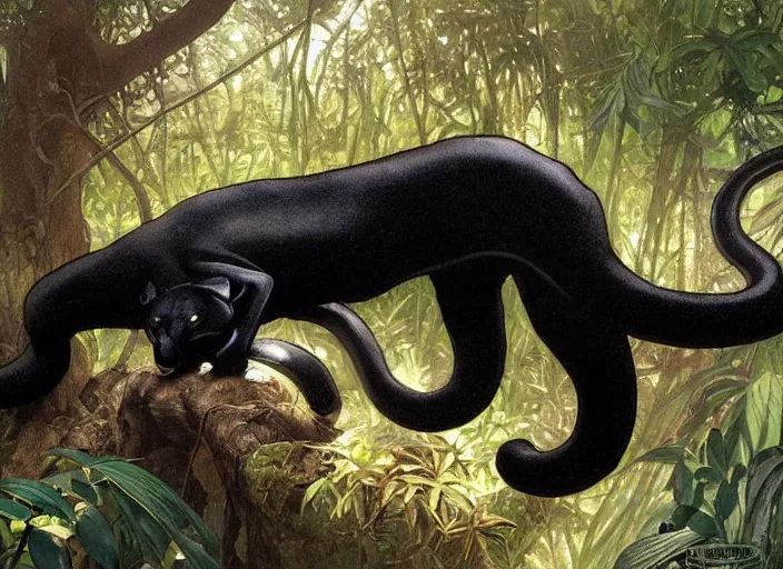 Prompt: animal concept of a black panther melanistic deep black leopard killing a snake, hunting an anaconda, on Singaporean forest tree, jungle, accurately portrayed, portrait art by alphonse mucha and greg rutkowski, highly detailed, digital painting, concept art, illustration, dim lighting with twilight rays of sunlight, trending on artstation, very detailed, smooth, sharp focus, octane render, close up