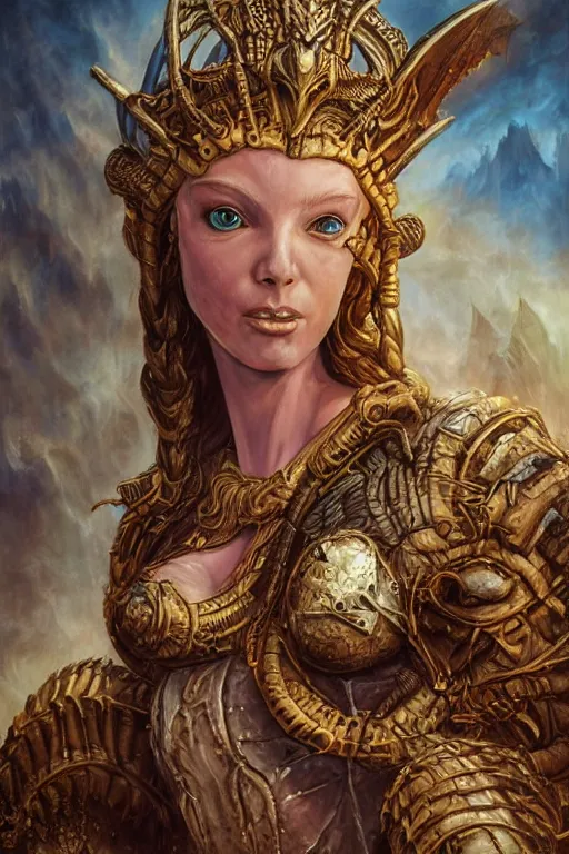 Image similar to A fantasy comic book style portrait painting of Ella Fanning as an Atlantean Reptilian Warrior, Mystical Valkyrie, unreal 5, DAZ, hyperrealistic, octane render, Regal, Refined, Detailed Digital Art, RPG portrait, Michael Cheval, Walt Disney (1937), François Boucher, Oil Painting, Steampunk, dynamic lighting, Highly Detailed, Cinematic Lighting, Unreal Engine, 8k, HD