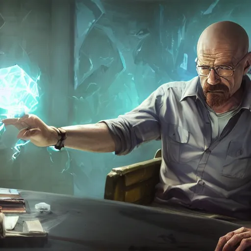 Prompt: portrait of walter white as an alchemist making potions, alchemy, league of legends amazing splashscreen artwork, dungeons and dragons, splash art, natural light, elegant, photorealistic facial features, intricate, fantasy, detailed face, atmospheric lighting, anamorphic lens flare, cinematic lighting, league of legends splash art, hd wallpaper, ultra high details by greg rutkowski