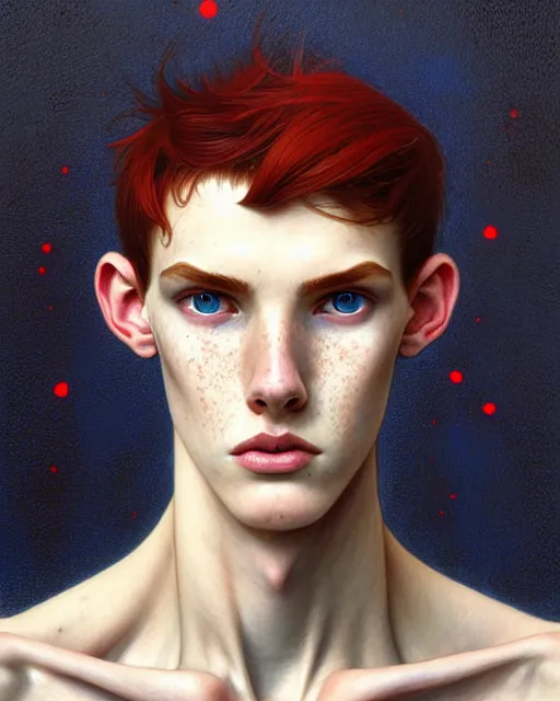 Image similar to symmetry!! portrait of tall, thin, 1 5 - year - old boy with a long nose, a lot of freckles, fiery red hair, and bright blue eyes, fantasy, intricate, highly detailed, digital painting, artstation, concept art, smooth, sharp focus, illustration, art by artgerm and greg rutkowski and alphonse mucha