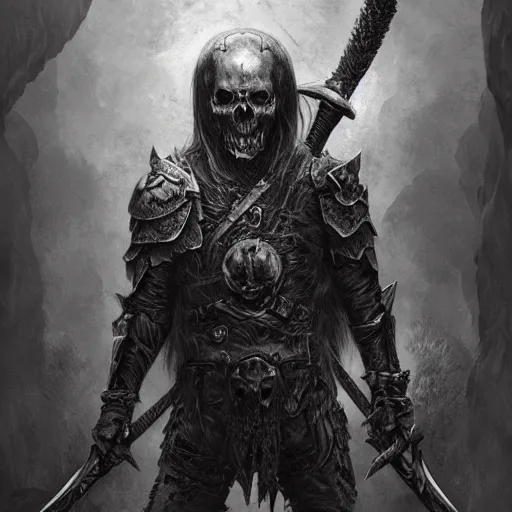 Prompt: undead warrior wearing a skull mask and wielding a battle axe, engraving, concept art, elden ring, illustration, dark fantasy, smooth, artgem, by gustave dore and greg rutkowski