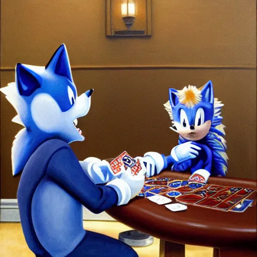 Prompt: Michael Myers, Sonic the Hedgehog, and Aristotle play poker. Oil painting, detailed, intricate, realistic.