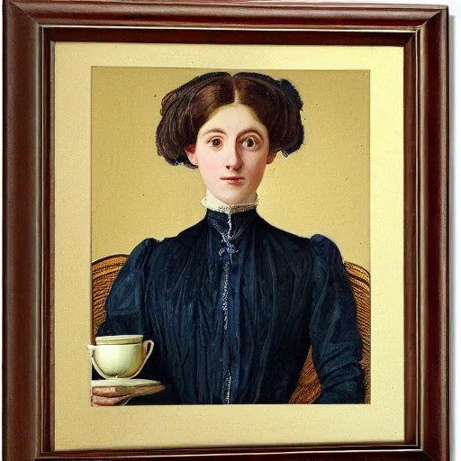 Prompt: portrait of a Victorian woman holding a teacup, oil on canvas, highly detailed, uncluttered,