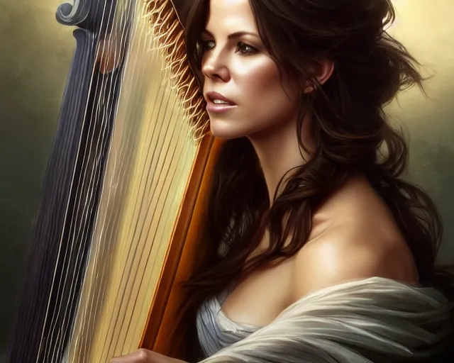 Image similar to photography of kate beckinsale with a harp singing 8 k, deep focus, d & d, fantasy, intricate, elegant, highly detailed, digital painting, artstation, concept art, matte, sharp focus, illustration, hearthstone, art by artgerm and greg rutkowski and alphonse mucha