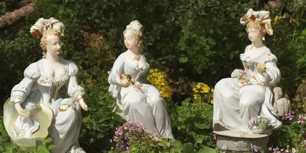 Prompt: 3 d meissen figurine from the 1 7 0 0 s, realistic, in a garden, in the art style of oil painting and art noveau