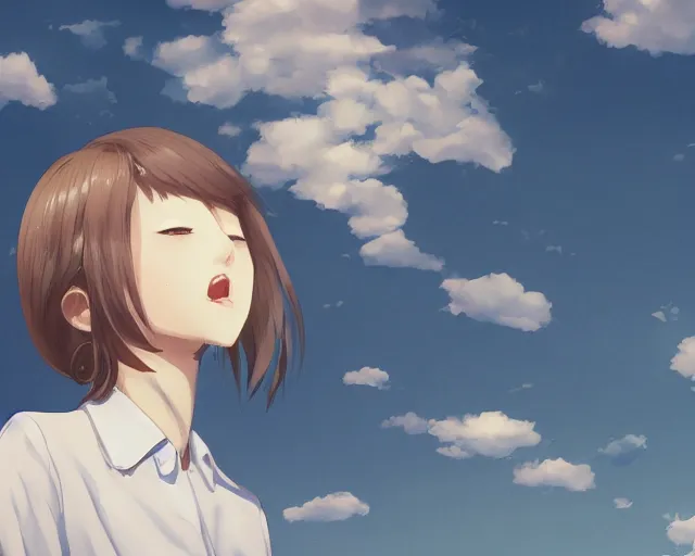 Image similar to teen looking at blue sky, wearing white shirt, back turned, looking up, illustration, by pine ( ハイネ ) and 薯 子 imoko and 香 川 悠 作 and wlop and maya takamura, highly detailed, trending artstation, pixiv, digital art