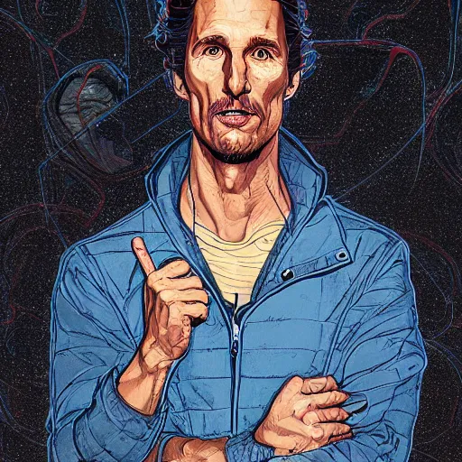 Image similar to a study of cell shaded portrait of matthew mcconaughey concept art, llustration, post grunge, concept art by josan gonzales and wlop, by james jean, Victo ngai, David Rubín, Mike Mignola, Laurie Greasley, highly detailed, sharp focus, alien, Trending on Artstation, HQ, deviantart, art by artgem