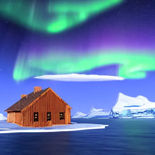 Prompt: a subartic island with a log cabin surrounded by icebergs with Aurora borealis ultra realistic 8k bordering on artstation