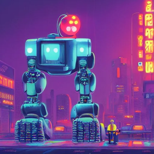 Prompt: a broad-shouldered, heavy construction robot reaching down to pet a kitten, in a neon-lit cyberpunk city, by Simon Stålenhag and James Gurney