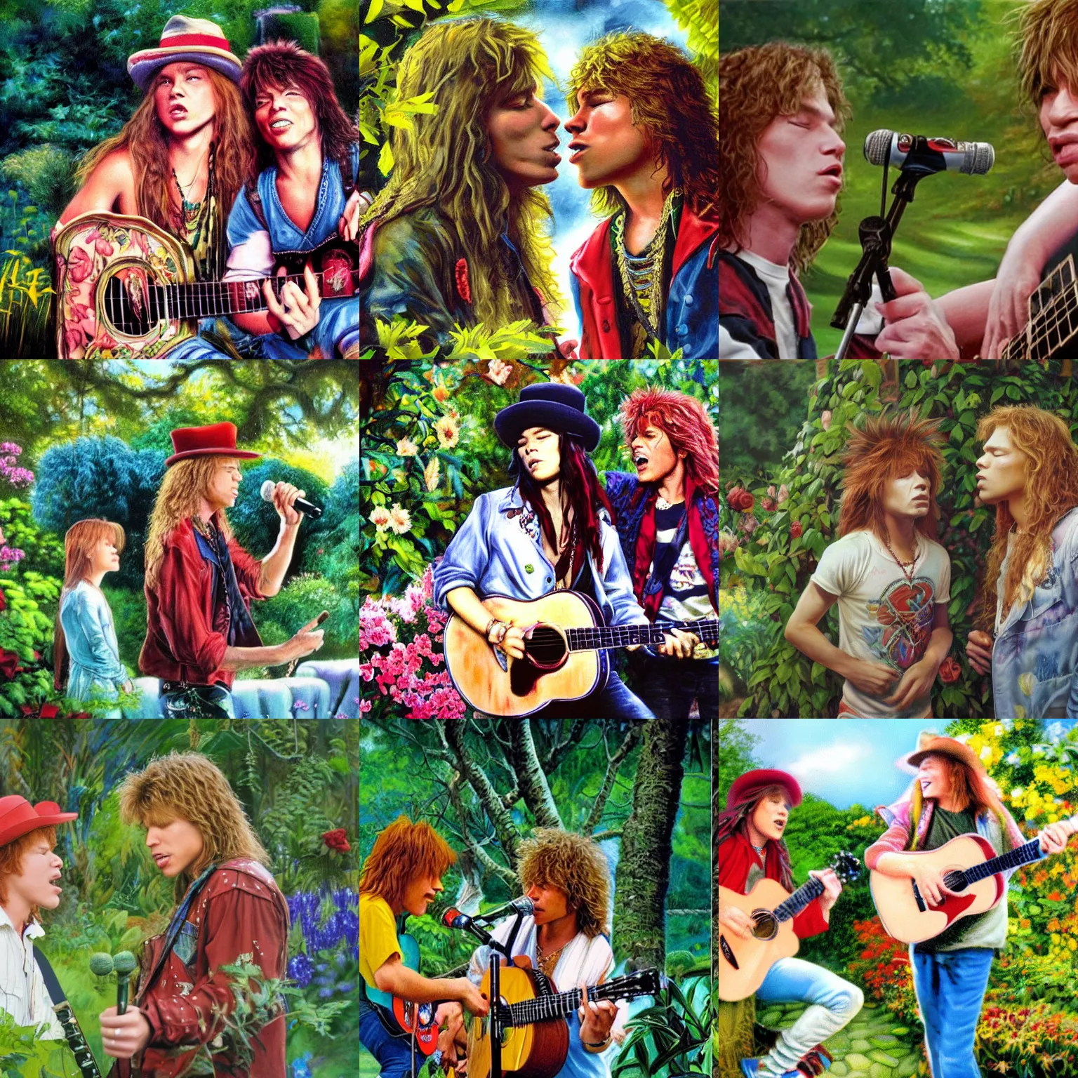 Prompt: young axl rose and young bon jovi singing a love duet in a beautiful garden, hyperrealistic, sharp focus, fantasy painting, alice in wonderland ( 2 0 1 0 )