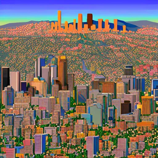 Image similar to Los Angeles in sim city with Hollywood sign, highly detailed, pixel art