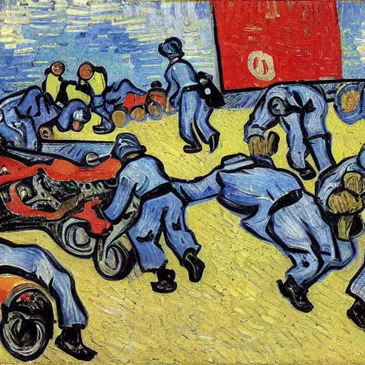 Image similar to pit lane accident. painted by van gogh. bright colors . extreme heat