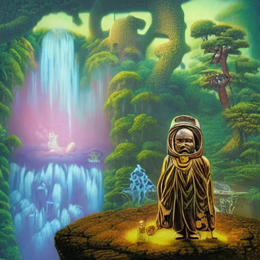 Image similar to wide angle dynamic portrait of a chibbi dogon priest in an african zen garden with a waterfall! and a golden ornate steampunk portal, amigurumi by mark ryden and todd schorr and mark davis and zdislaw beksinski in a surreal lowbrow style, digital paint, matte paint, vivid synthwave colors, breathtaking landscape