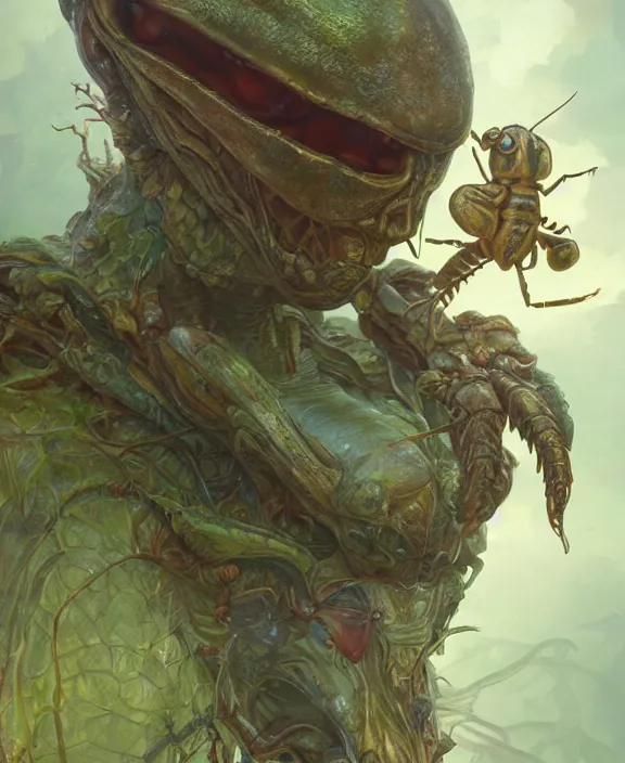 Prompt: portrait of an alien insect creature, adorable, childlike, overgrown environment, ultra realistic, concept art, psychedelic, photorealistic, octane render, 8 k, unreal engine. art by christopher marley and artgerm and greg rutkowski and alphonse mucha